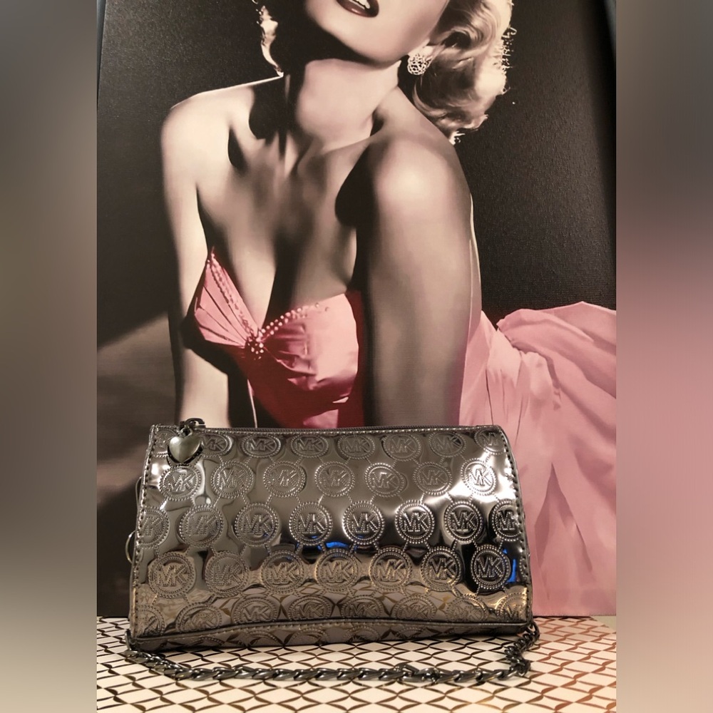 Michael Kors Metallic Gunmetal Wristlet/ Small Pouch Bag with Chain Strap